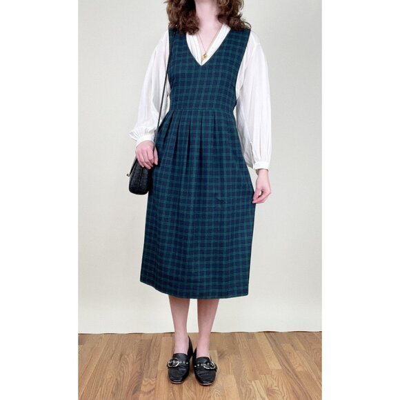 Vintage Plaid Pinafore Midi Dress Fall Winter Preppy Cottage Cabincore 80s 90s - Picture 1 of 10